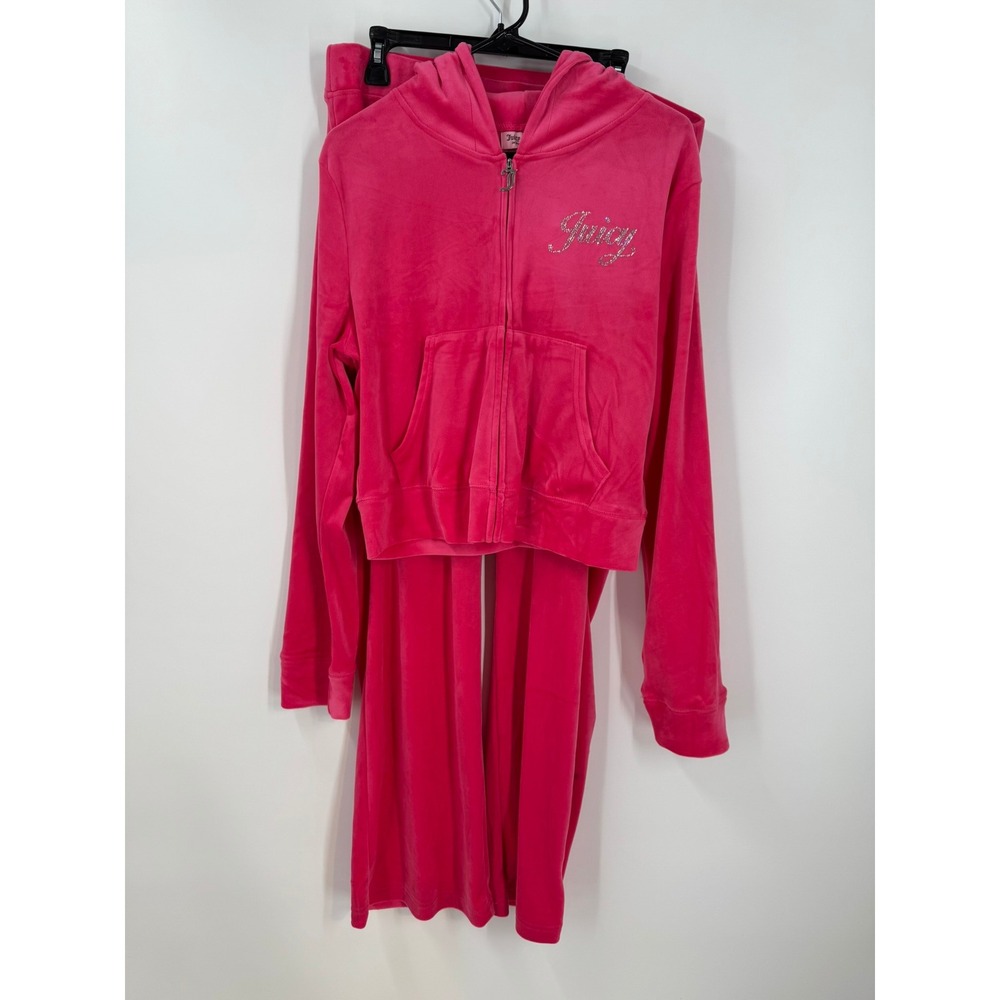 Juicy Couture Women's Velour Tracksuit Y2K Rhinestone 2 piece Size XL Pink Party